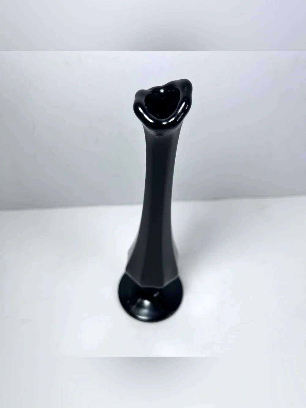 Fenton Black Glass Swung Bud Vase 8” MCM